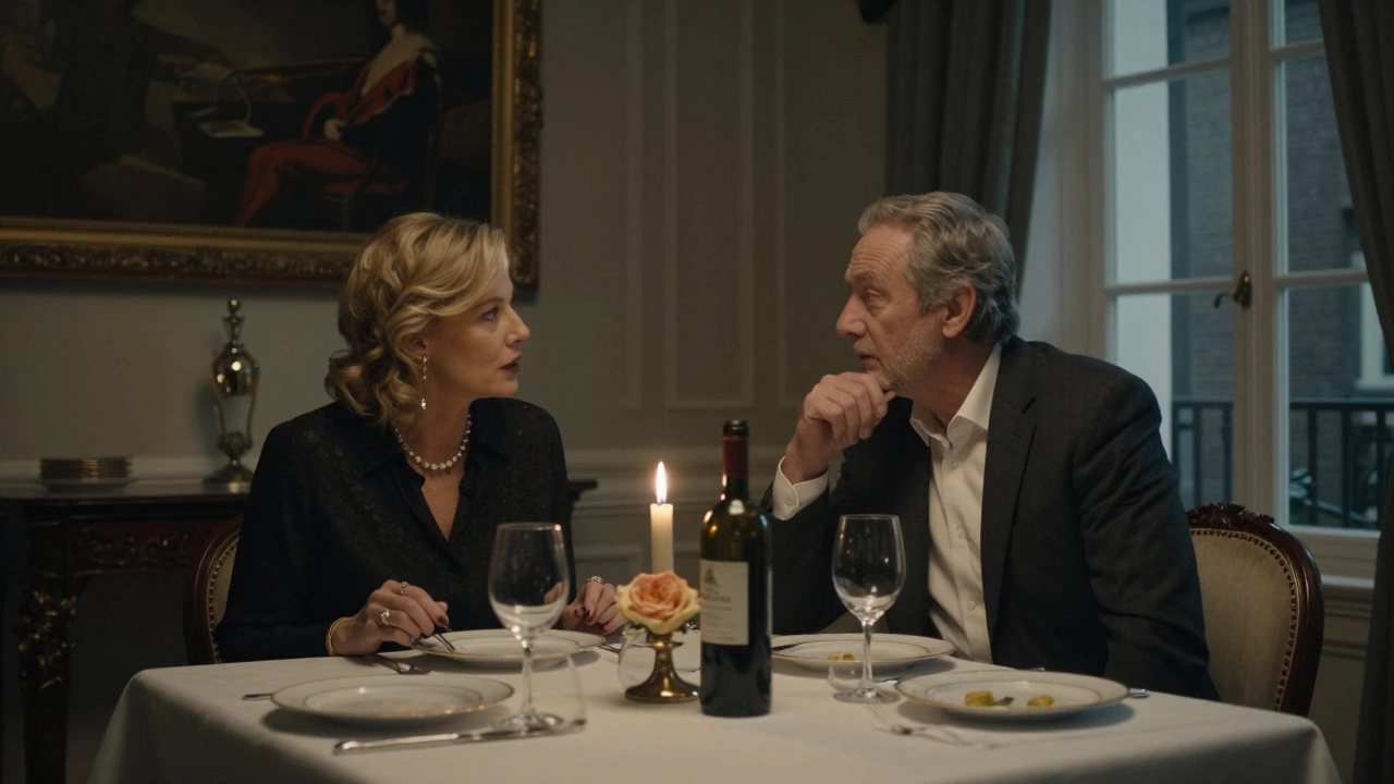 A Russian companion and client sharing a thoughtful conversation over candlelight in an elegant private dining room.