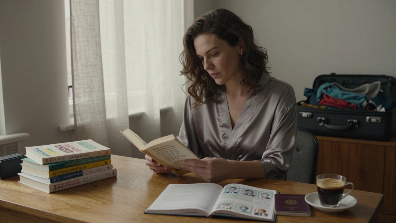 A Russian woman in a silk robe reading French literature in a sunlit studio apartment, surrounded by books and travel documents.