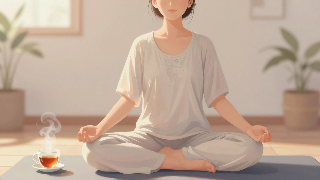 Person in yoga pose with subtle metallic glints under clothing, exuding calm and mindful awareness.