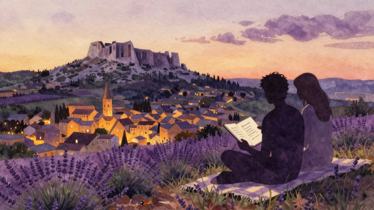 Silhouettes sit together at sunset on a hill overlooking Aix-en-Provence, sharing a notebook of poetry.