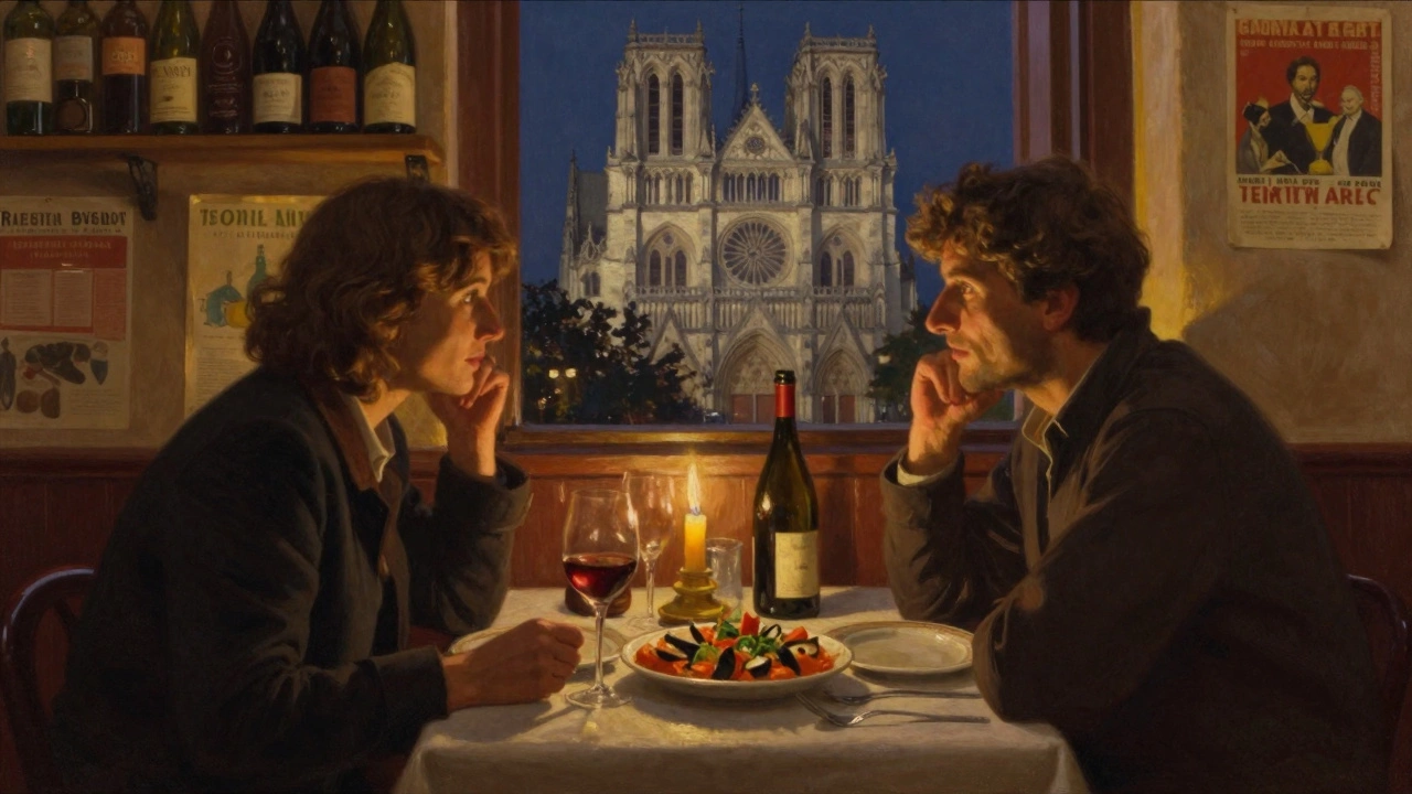 Two people share a quiet dinner in a hidden bistro, candlelight glowing on shared food and wine.